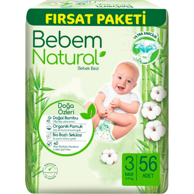 Підгузки Bebem Natural 3 midi 4-9 кг 56 шт (8690536831951) Вінниця - фото 1