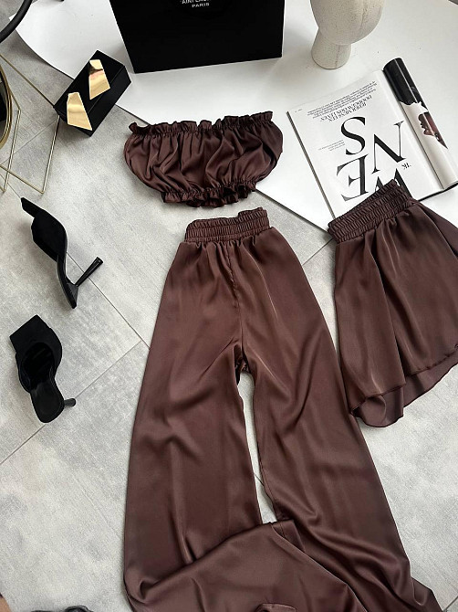 Женская пижама тройка: топ шорты и брюки из шелка армани Шоколад, 44/46 Одесса - изображение 4