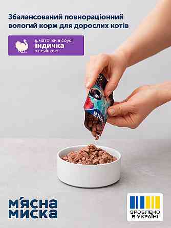 Вологий корм для дорослих котів М'ясна миска шматочки в соусі з індичкою та печінкою, 100 г Вінниця