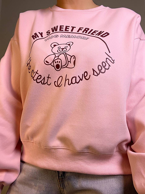 Свитшот женский A-N 25057 с рисунком мишкой впереди оверсайз средней длины комфорт one size, розовый, one size Киев - изображение 5