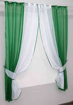 Кухонные шторы VR-Textil № 017к комбинированные с подвязками зеленый с белым 265х170 см (50-861) Киев
