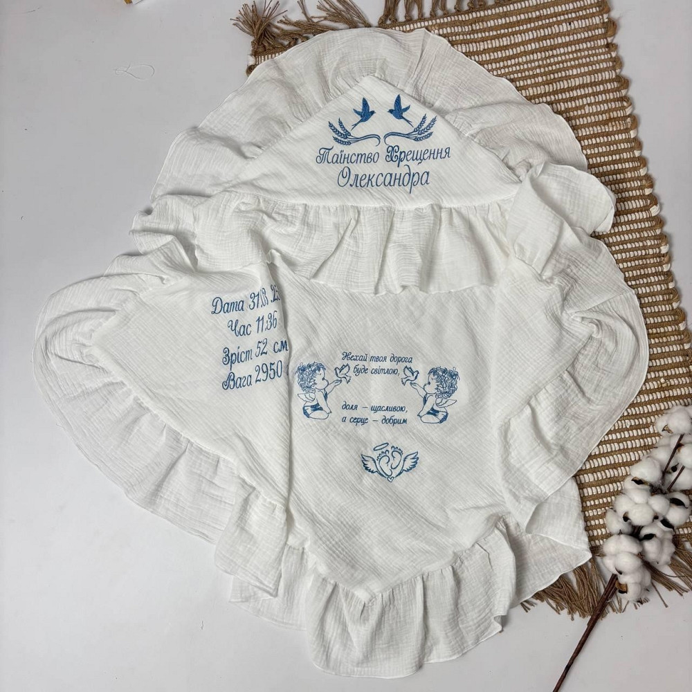 Крижма з мусліну з іменною вишивкою, 4-шаровий, рюша, 95×95 см Кам'янець-Подільський - фото 2