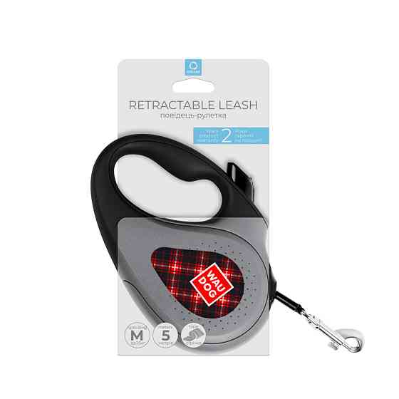 Повідець-рулетка для собак WAUDOG R-leash, малюнок "Шотландка", M, до 25 кг, 5 м, світловідбивна стрічка чорний Вінниця