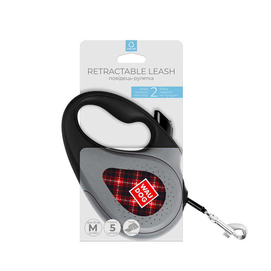 Повідець-рулетка для собак WAUDOG R-leash, малюнок "Шотландка", M, до 25 кг, 5 м, світловідбивна стрічка чорний Вінниця - фото 4