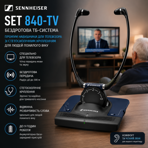 Беспроводная ТВ-система Sennheiser Set 840-TV премиум-наушники для телевизора со стетоскопическим креплением для пожилых людей Киев