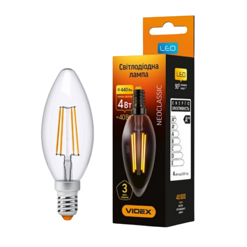 Лампа C37 4W E14 3000K 220V Filament LED Videx Житомир