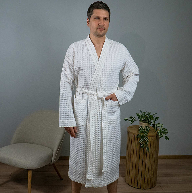 Вафельний халат чоловічий комір стійка з довгим рукавом YouStar 100% бавовна 380 г/м2 (Білий) XXL-XXXL Суми - фото 1