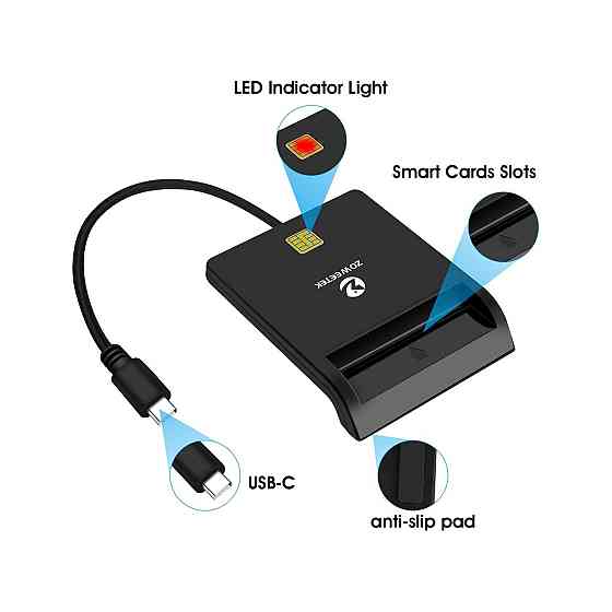 Зчитувач смарт карт картрідер ZOWEETEK USB-C Type C CAC державні ID підтримка tacho HGV карт сумісний з Windows 10/11 портативний Київ