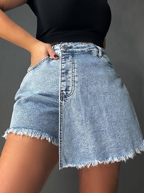 Шорты-юбка женские Vanver 222 джинсовые на запах с бахромой большие размеры голубые, голубой, 30, 30, 82 см, 112 см Киев - изображение 1