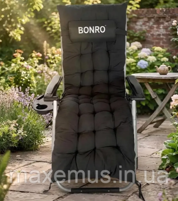 Садовый шезлонг-кресло Bonro B04 с подушкой и подставкой раскладной туристический шезлонг для отдыха черный Мостиська - фото 8