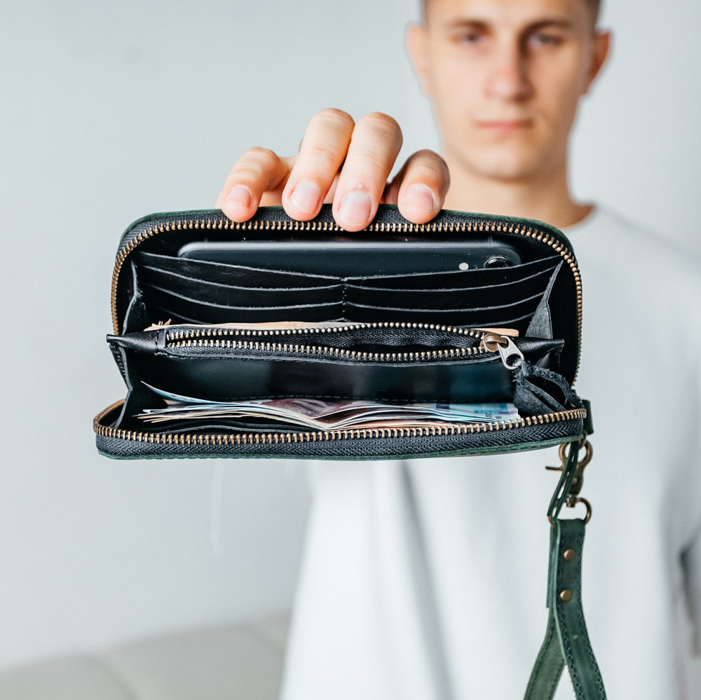 Чоловічий шкіряний гаманець, місткий гаманець із відділеннями на блискавці, Crazy Horse, зеленийMasterSem Київ - фото 2