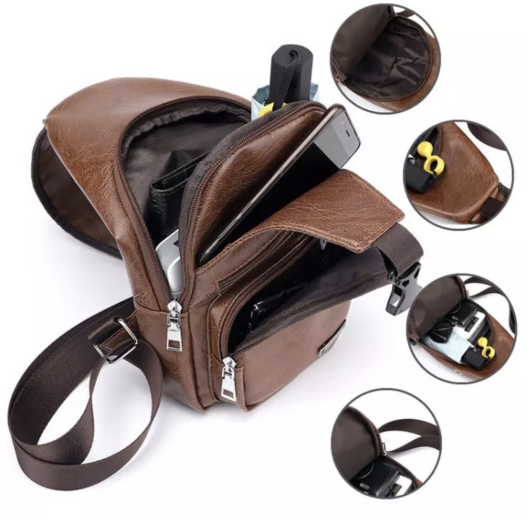 Сумка через плечо коричневая с USB  кабелем, размер 34*16*10см, 4 кармана, мужская сумка, женская сумка Киев - изображение 2