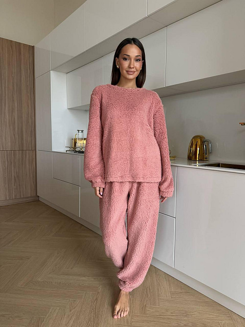 Жіноча затишна піжама-двійка: кофта та штани махра тедді Пудровий, 48/52 Одеса - фото 1