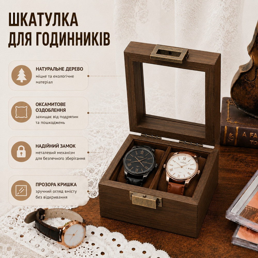 Кейс для хранения наручных часов на 2 отделения шкатулка деревянная с прозрачным окном футляр органайзер для часов Каменец-Подольский - изображение 5