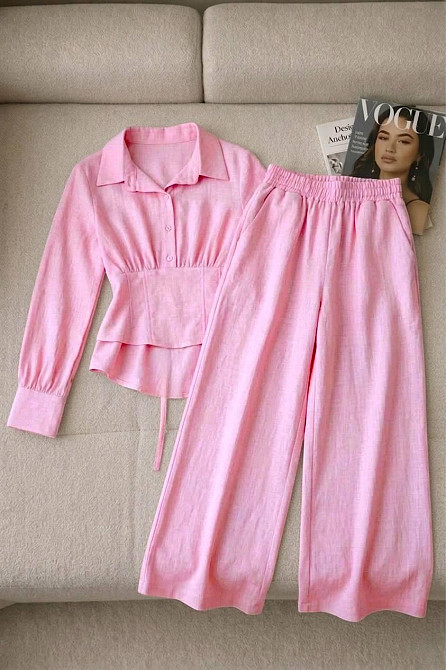 Жіночий стильний трендовий повсякденний костюм льон жатка Рожевий, 42/46 Одеса - фото 3