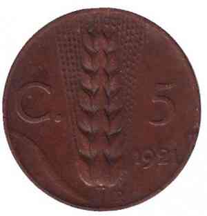 Колос пшениці. Віктор Еммануїл III. Монета 5 чентезимо. 1921,31 рік, Італія. Полтава