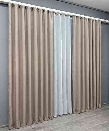 Комплект штор VR-Textil льон преміум ELEMENTA 150х270 2шт і Тюль 400х270 1869ш-115т бежевий з білим 71-073/3 Київ