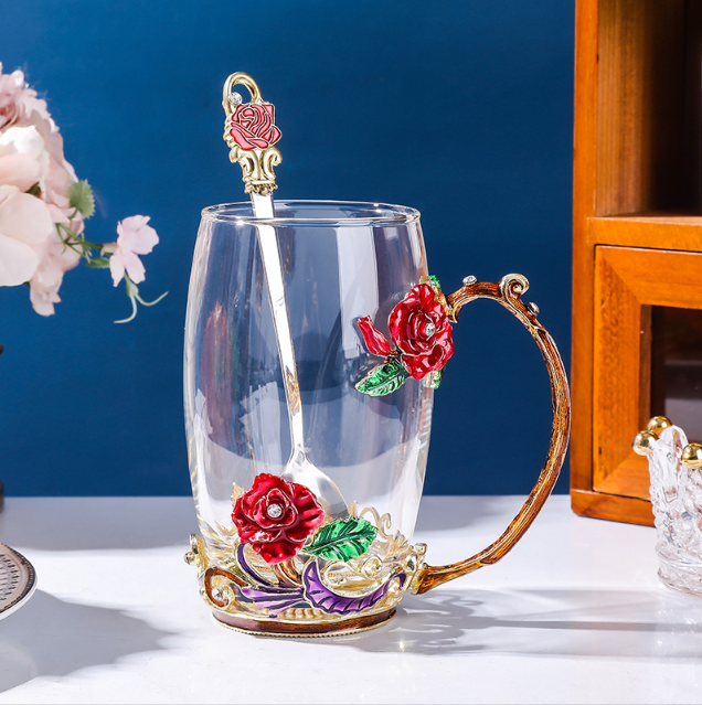 Чашка термостійка 350 мл з ложечкою блюдцем та кришечкою Чайна пара Червона троянда Подарункова упаковка Кременчук - фото 3