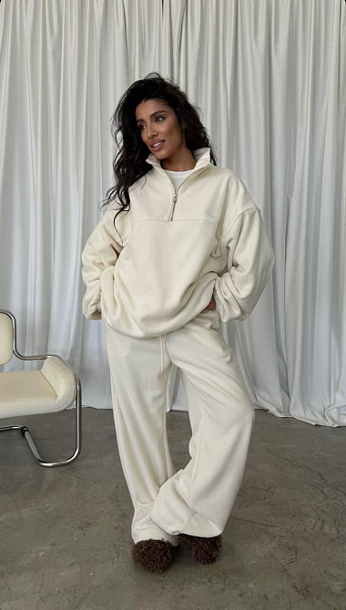 Жіночий теплий костюм-двійка: кофта та штани з турецького двостороннього флісу Молочний, 46/48 Одеса - фото 1