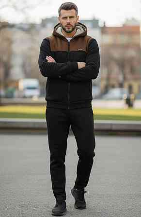 Чоловічий теплий костюм на флісі з хутром Чорно-коричневий 48/50 Харків