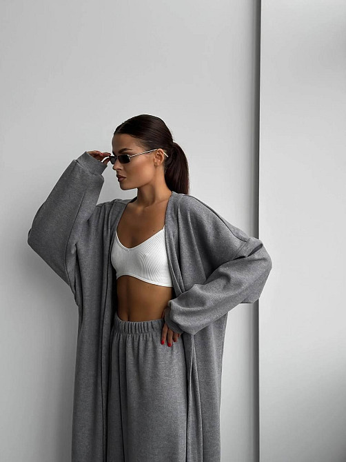 Жіночий базовий костюм-двійка: кардиган і штани палацо зі щільного рубчика Сірий Одеса - фото 5