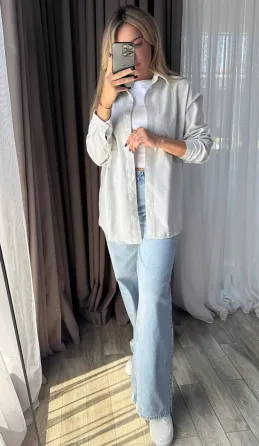 Женская льняная рубашка свободного кроя — мокко, светло-бежевый, светло-серый Одесса