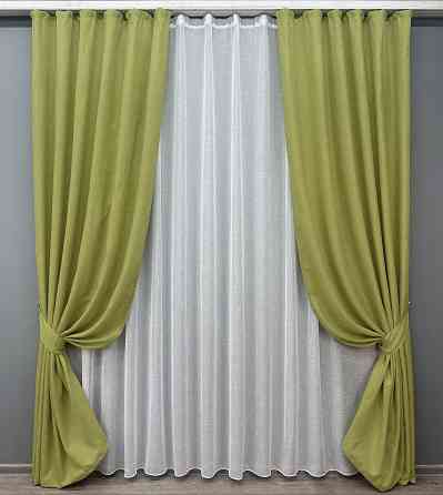 Комплект штор VR-Textil Льон Мішковина 100х270 2шт і Тюль 400х270 106ш-115т Оливковий з білим 71-025/2 Київ