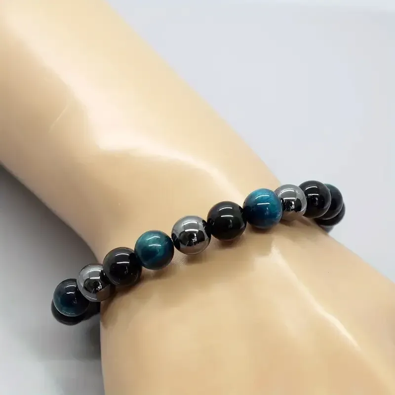 Браслет из гематита, обсидиана и тигрового глаза - черный и синий, 19 см Киев - изображение 4