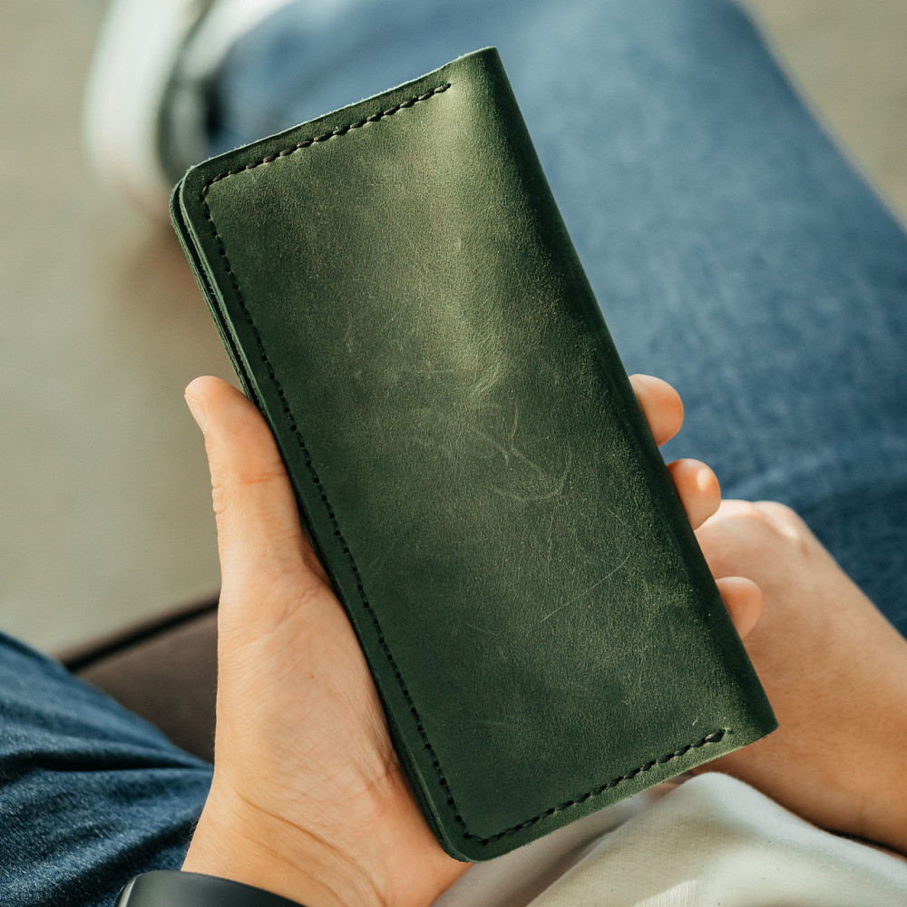 Клатч чоловічий шкіряний Лонгер Зелений стильний на кнопках 20х10 см з відділеннями для купюр, карт та монетMasterSem Київ - фото 6