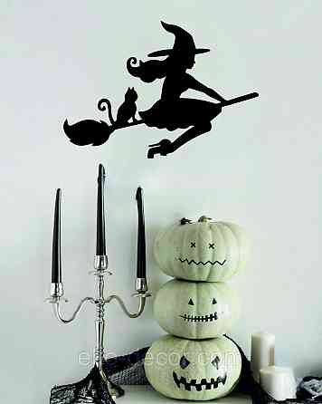 Декоративное настенное Панно «Ведьма на метле с котом», Декор на стену 70*49 см, Черный Киев