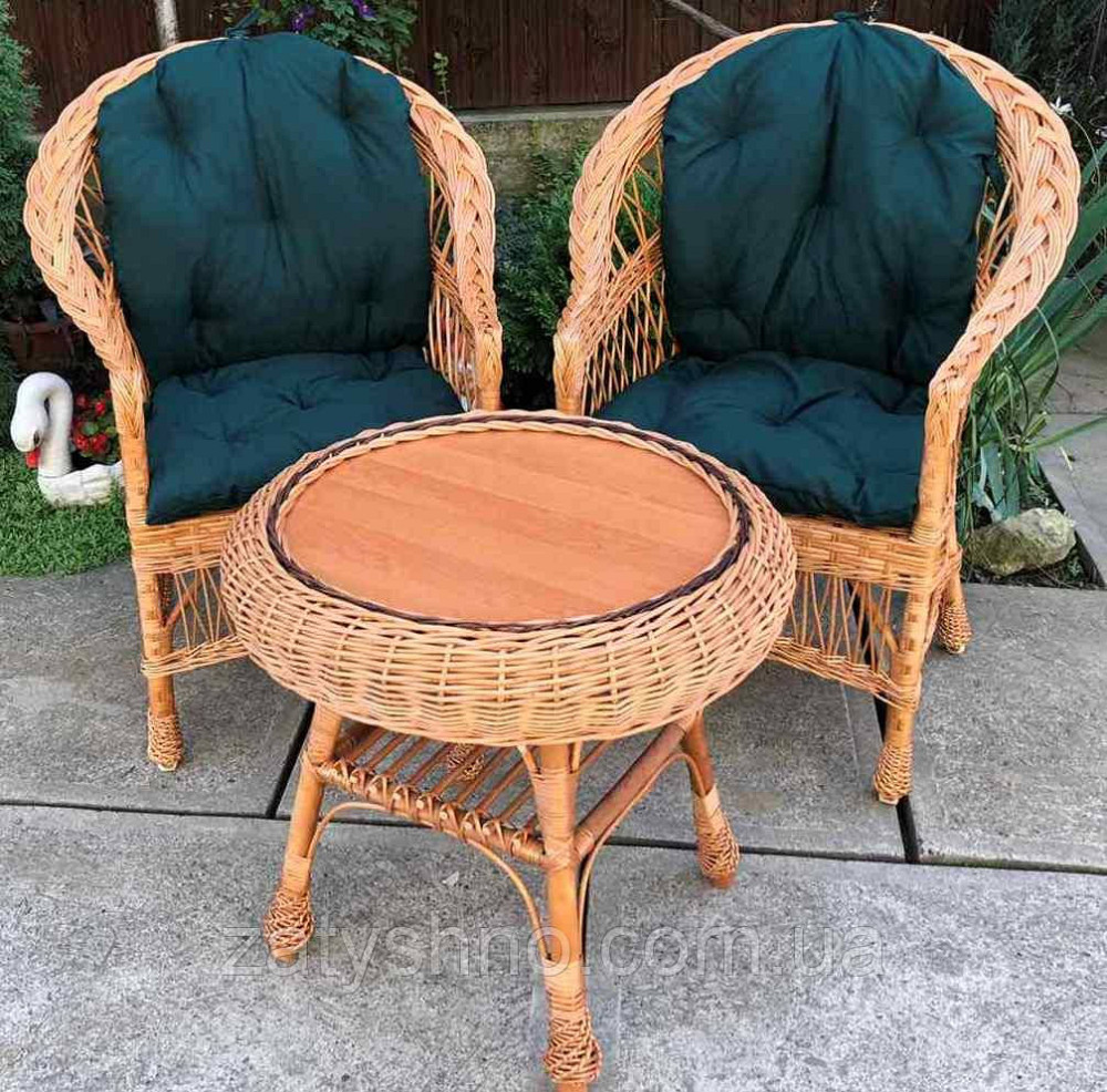 Меблі плетені з зеленими накидками | Меблі з лози | меблі плетені з круглим столом Київ - фото 1