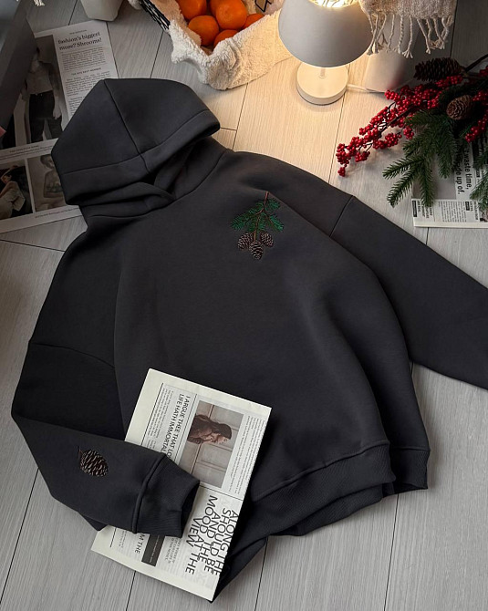 Женская стильная теплая худи с вышивкой турецкая трехнить на флисе пенье Графит Одесса - изображение 3