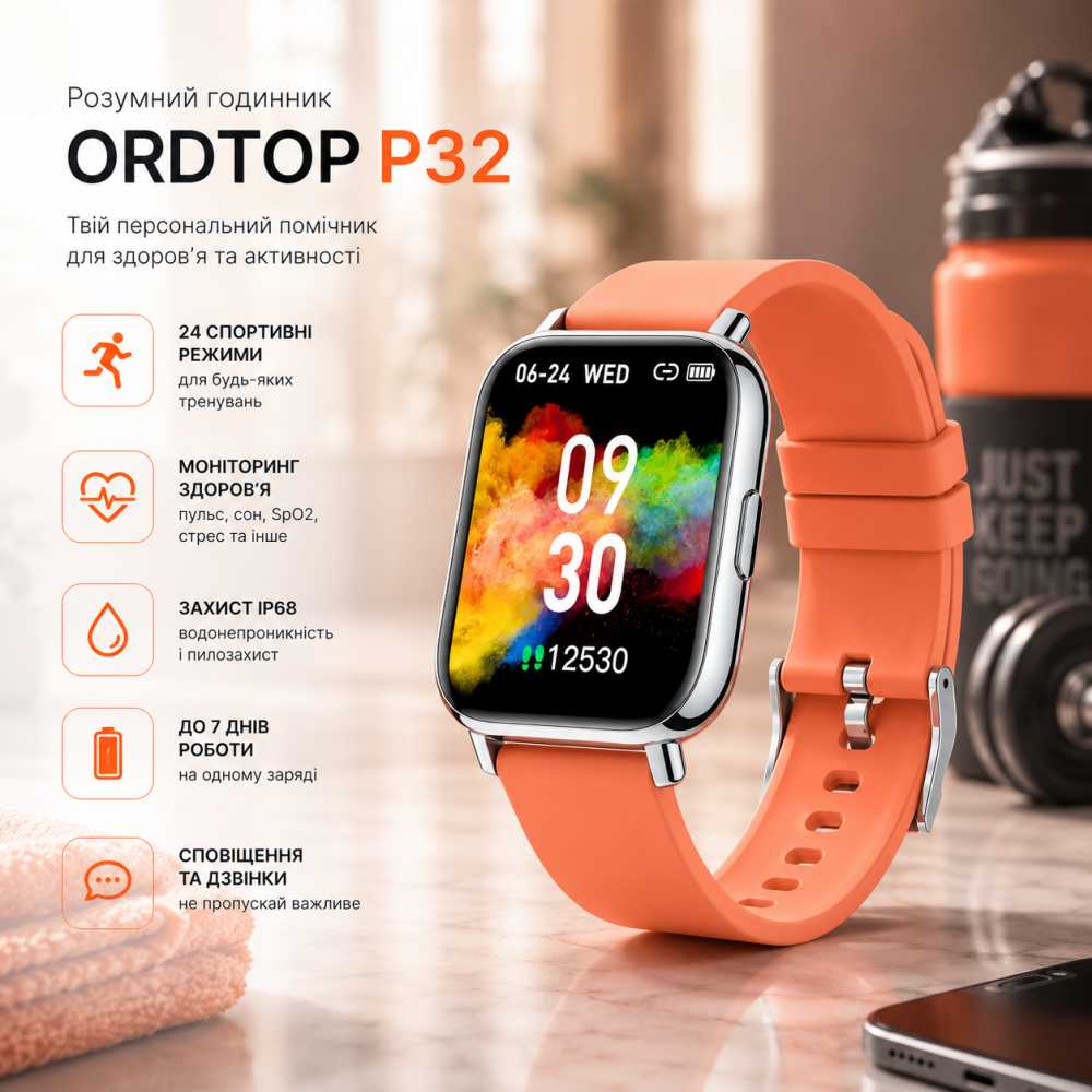 Смарт-годинник Ordtop P32 Orange: стильний фітнес-трекер з моніторингом здоров'я та водозахистом IP68, новий гаджет для спорту Київ - фото 7