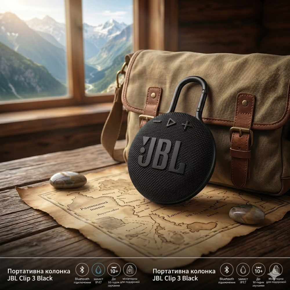 Портативная колонка JBL Clip 3 Black Bluetooth, IPX7, до 10 ч, микрофон, карабин, компактная акустика Киев - изображение 4