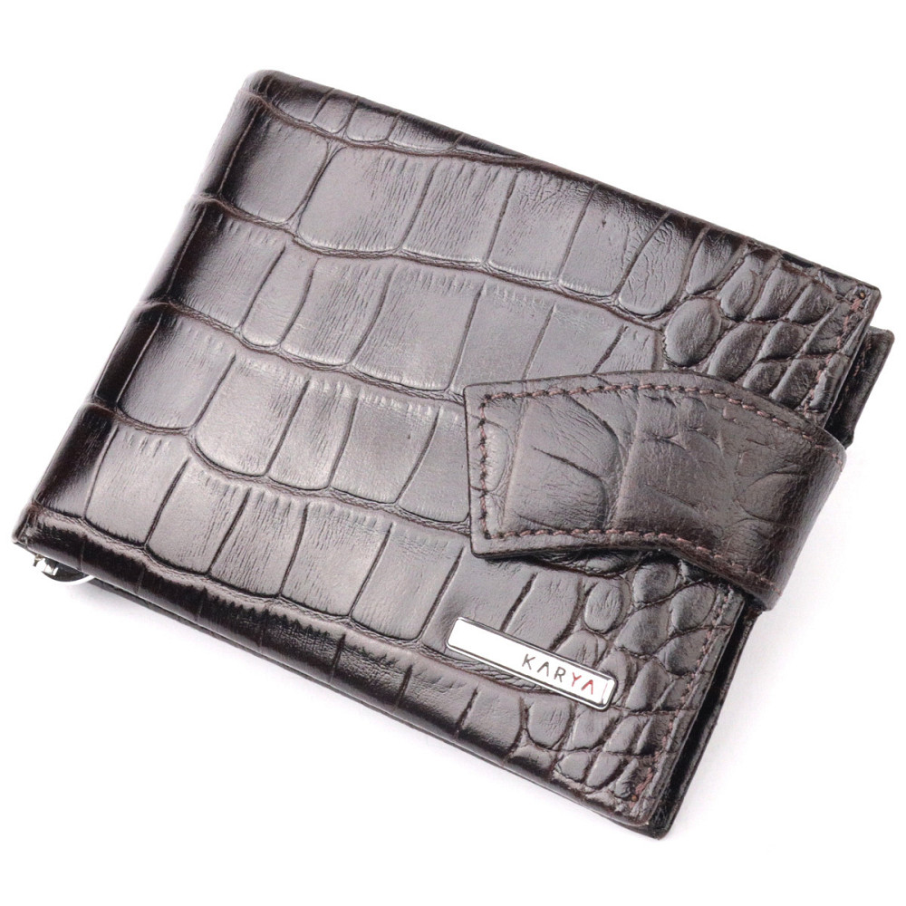 Функциональный мужской зажим из натуральной лакированной фактурной кожи под крокодила KARYA 21044 Коричневый Киев - изображение 1