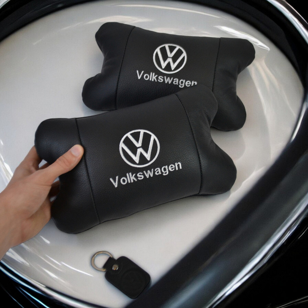 Набір автоподушок 2шт на підголівник Volkswagen з натуральної шкіри чорні + брелок у подарунок Київ - фото 2