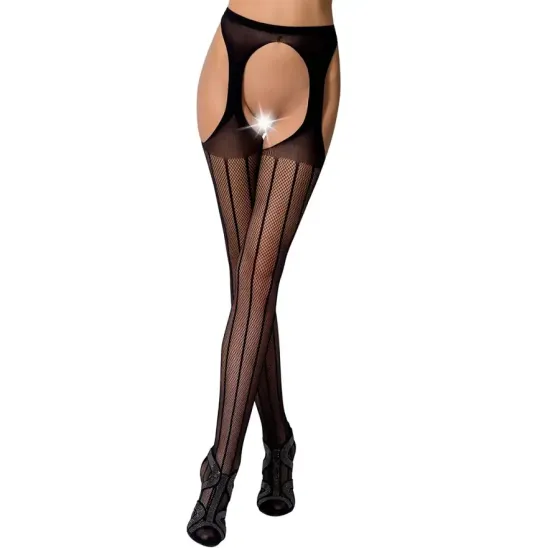 Сітчасті панчохи-стокінги Passion S018 One Size, Black, імітація пояса, сітка з вертикальними смужка Львів