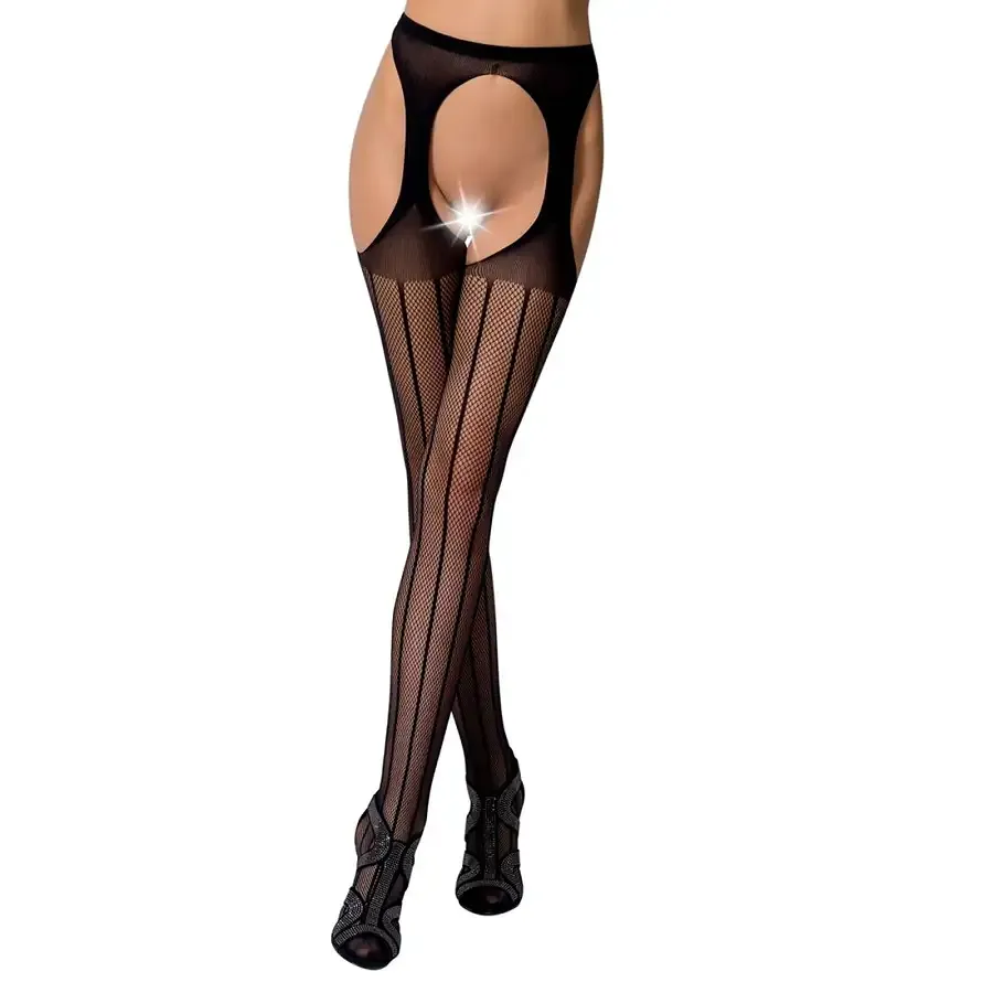 Сітчасті панчохи-стокінги Passion S018 One Size, Black, імітація пояса, сітка з вертикальними смужка Львів - фото 1