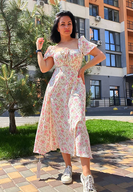 Сукня жіноча літня A-N 2669 квітковий принт розріз шнурок на грудях довге рожева, рожевий, M Київ - фото 9