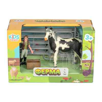 Фігурка Kids Team набір Ферма фермерка і кінь Американський пейнтхорс, чорно-біле забарвлення (Q9899-X3_3) Вінниця