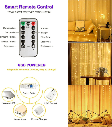LED-гирлянда штора Lezonic 3×3 м 300 LED, теплый белый, 8 режимов, таймер, пульт ДУ, USB 5 В, IP65 Киев