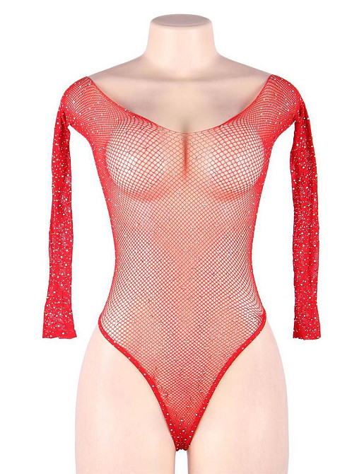 Боди в сетку Star Night Sparkle с длинными рукавами и открытыми плечами, красный Sex Aura Киев - изображение 4