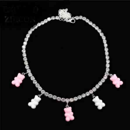 Ожерелье с мишками розовый + белый - длина 35см + 22см, (ругелируется), смола, цинковый сплав Киев