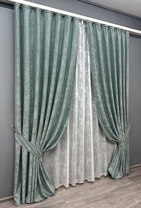 Комплект штор VR-Textil Жаккард Мрамор 150х270 2шт и Тюль 600х270 1148ш-1400т Бирюзово-серый с белым 71-118/5 Киев - изображение 2