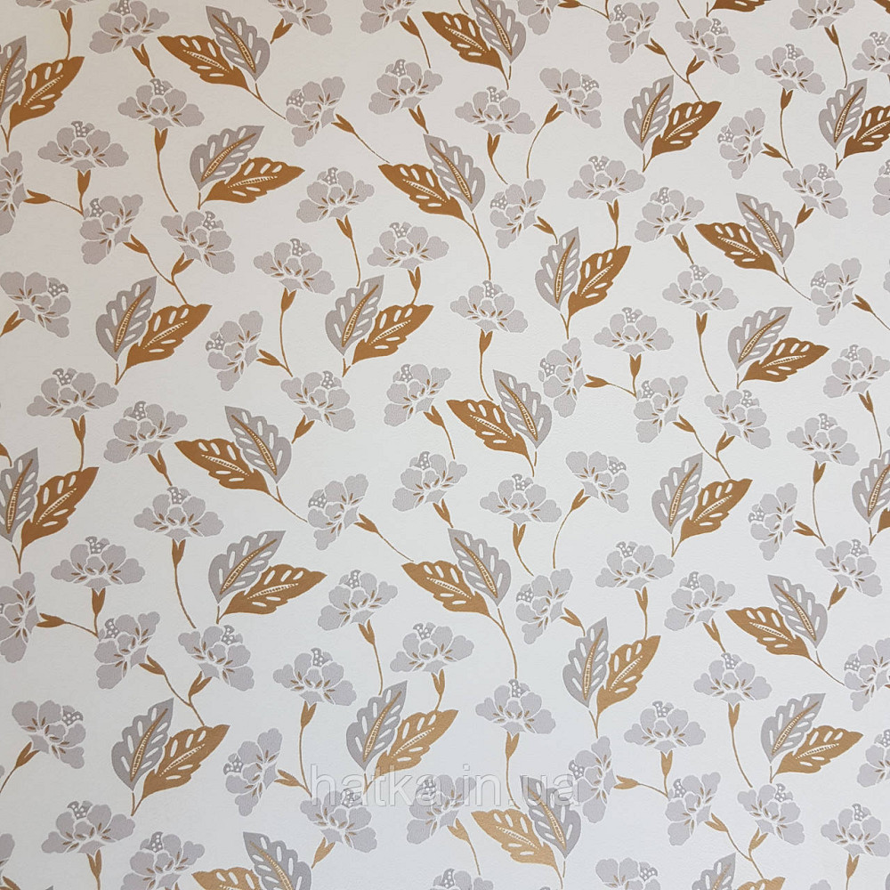 Шпалери вінілові на флізелін Caselio Mystery 0.53х10 м маленькі яскраві квіти листя сірі золотисті на білому Київ - фото 1