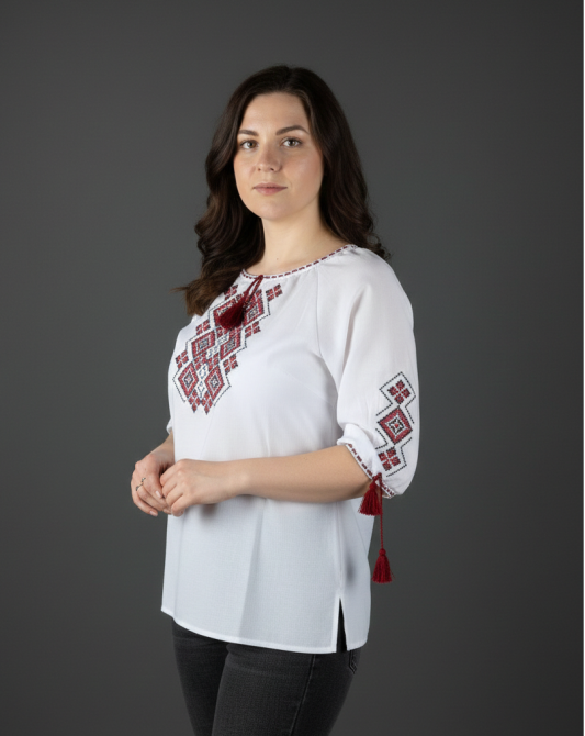 Вышиванка женская из домотканого полотна с красным праздничным орнаментом Киев - изображение 2