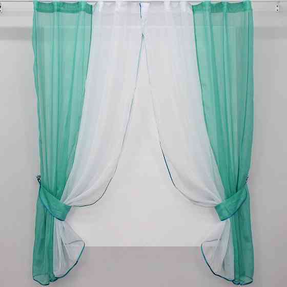 Кухонные шторы VR-Textil № 017к комбинированные с подвязками бирюзовый с белым 265х170 см (50-112) Киев