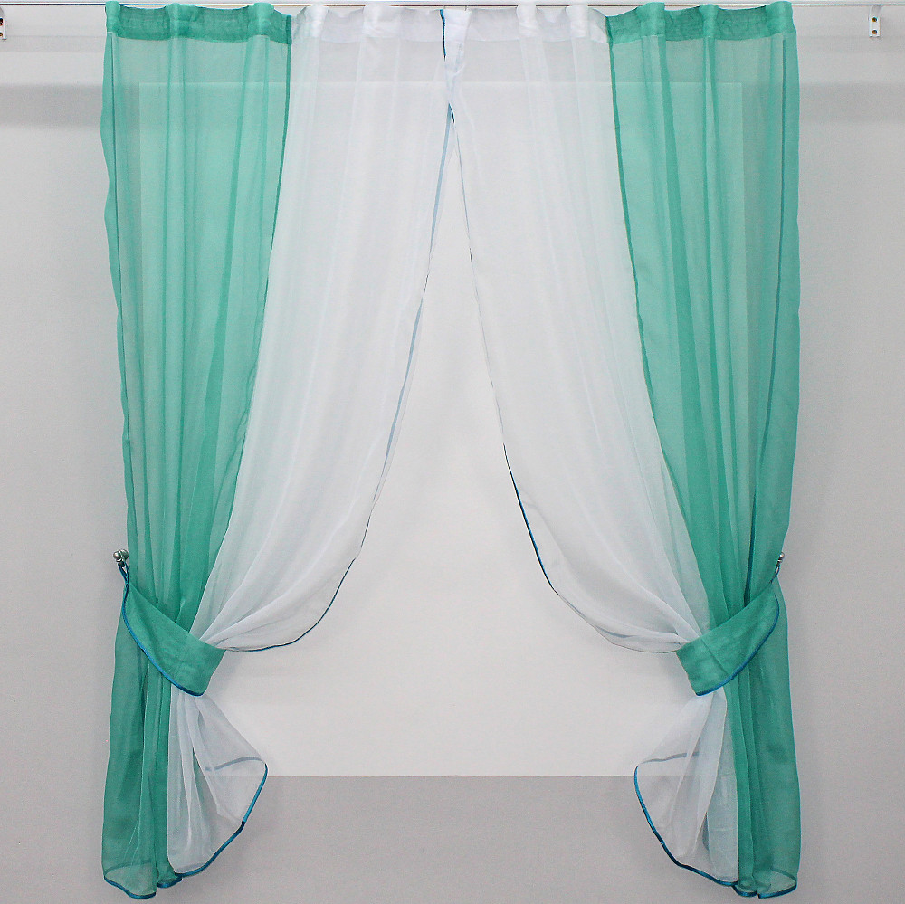 Кухонні штори VR-Textil № 017к комбіновані з підв'язками бірюзовий з білим 265х170 см (50-112) Київ - фото 1