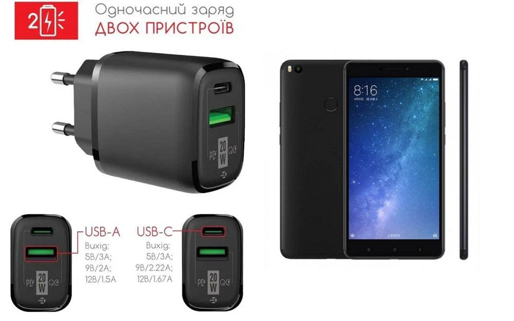 Сетевое зарядное устройство для Xiaomi Mi Max 2, 20W 3A, Quick Charge 3.0 Киев - изображение 1