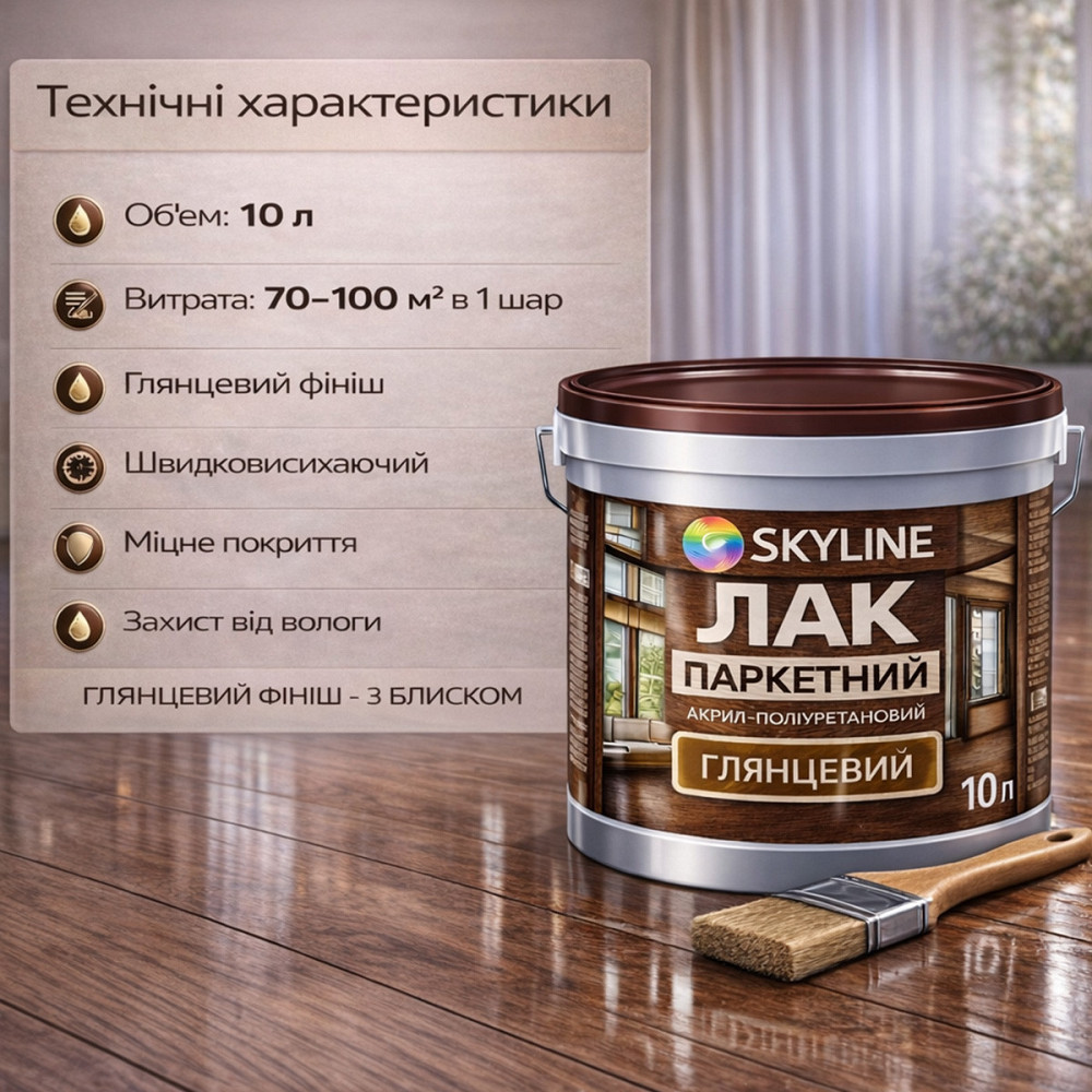 Лак для підлоги глянцевий Skyline паркетний, акрил-поліуретановий, водний, зносостійкий, без запаху, 10 л Харків - фото 10